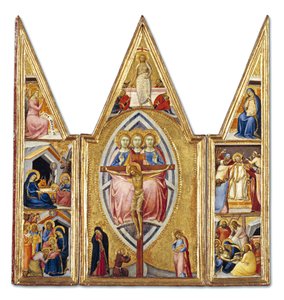 Treenigheden og korsfæstelsen med scener fra Kristi liv, ca. 1355 (tempera på panel)